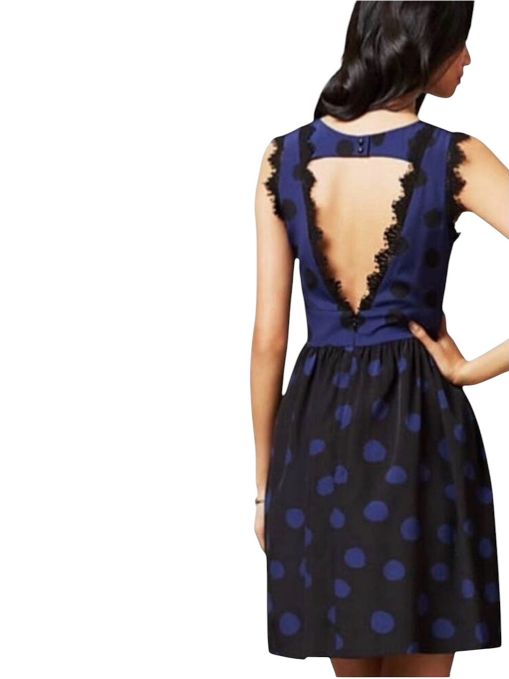ANTHROPOLOGIE COREY LYNN CALTER Blue Polkadot Lace Trim Mini Dress - Picture 2 of 7